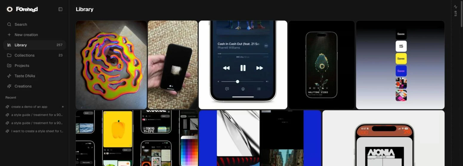 Forehead's Library: a grid of saved inspiration, from a color-swirl object to phone screens and a music player.