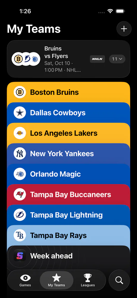Shine Sports on iPhone: the My Teams screen, a stack of colored team cards with a Week ahead card at the bottom.